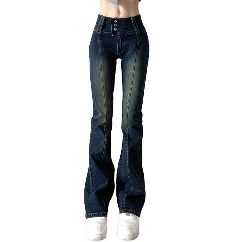 Korean Fashion Skinny Buttons High Waist Jeans Solid Harajuku Retro Denim Trousers Slim Autumn Flared Pants Clothing